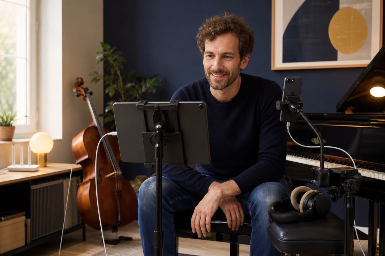 Schülerin mit einem frontal aufgestellten iPad beim Online-Musikunterricht
