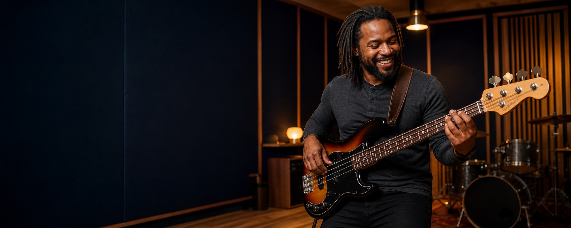 Glücklicher Musiker spielt einen deutlich sichtbaren E-Bass im Musikstudio
