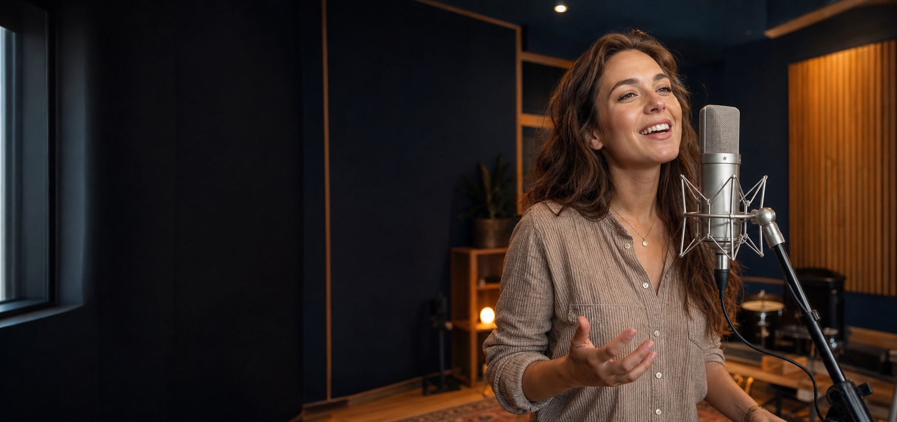 Glückliche Sängerin singt ausdrucksstark in ein Studiomikrofon