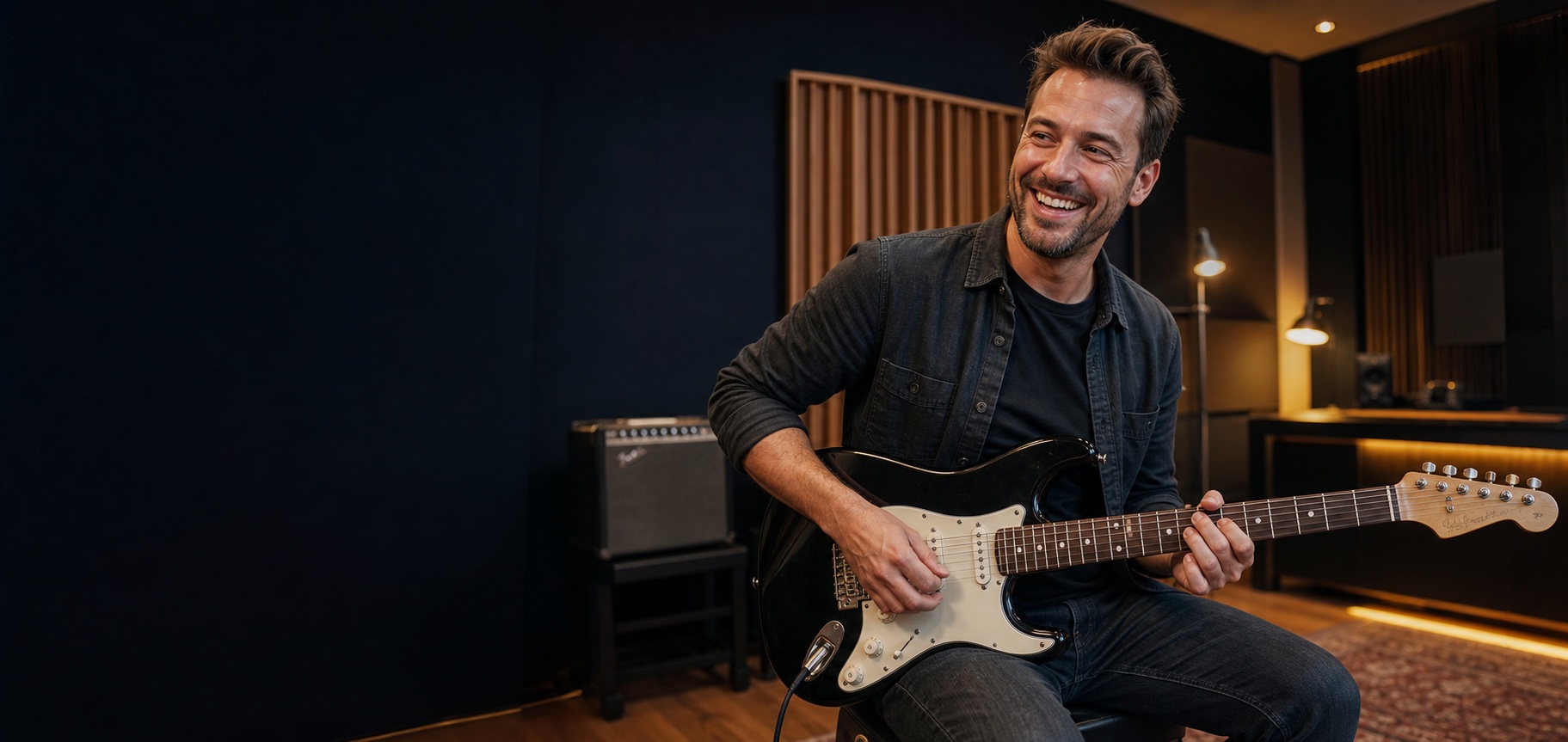 Glücklicher Gitarrist spielt eine deutlich sichtbare E-Gitarre im Musikstudio