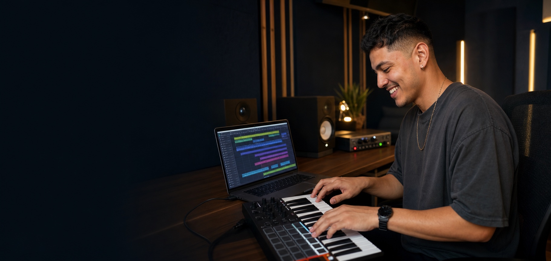 Glücklicher Musikproduzent entwickelt einen Track an MIDI-Keyboard und Computer