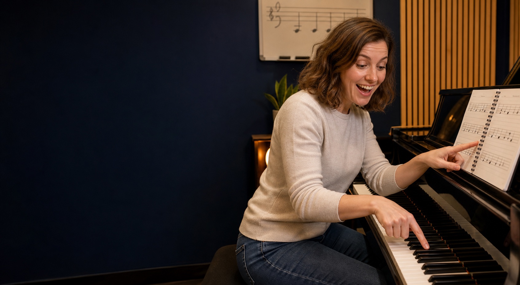 Glückliche Musikerin versteht Musiktheorie praktisch an Noten und Piano