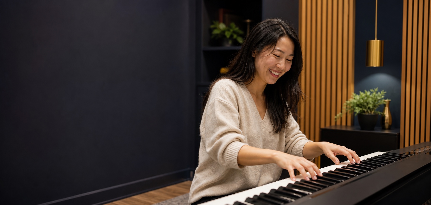 Glückliche Pianistin spielt an einem deutlich sichtbaren Piano